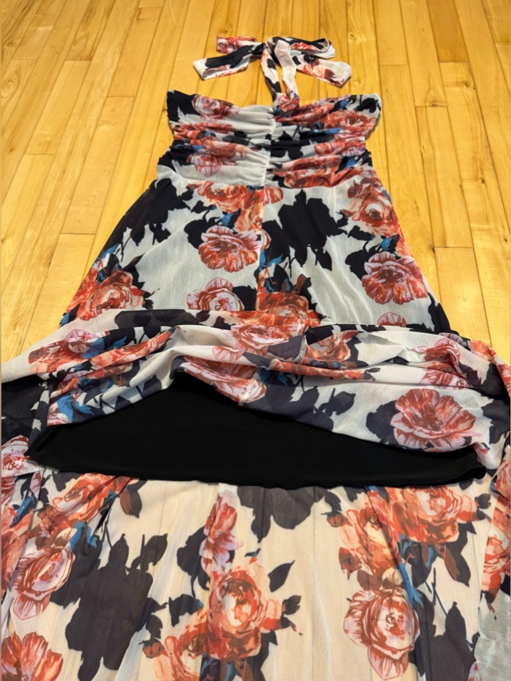 Floral Halter Hi-Lo Dress in White and Rust - Picture 3 of 8